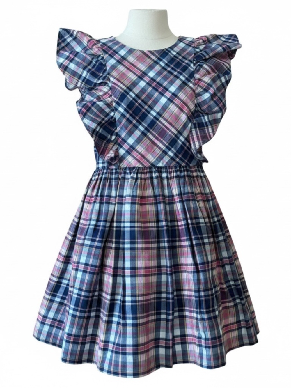 Polo Ralph Lauren Girls Plaid Dress 6X Ruffle Sleeve Open Back Blue Pink